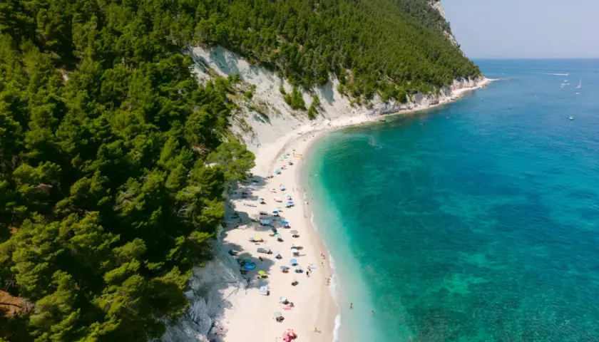 Aerial view of a crowded white sand beach with turquoise water, backed by a lush green forest and white cliffs.